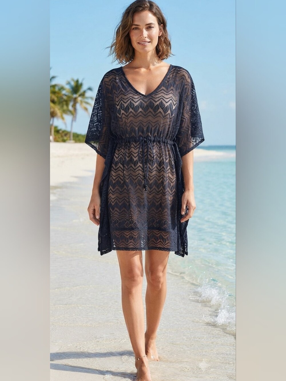 NWT AVIDLOVE Lace Swimsuit Cover Up Navy Blue Chevron Beach Dress Kimono OS
